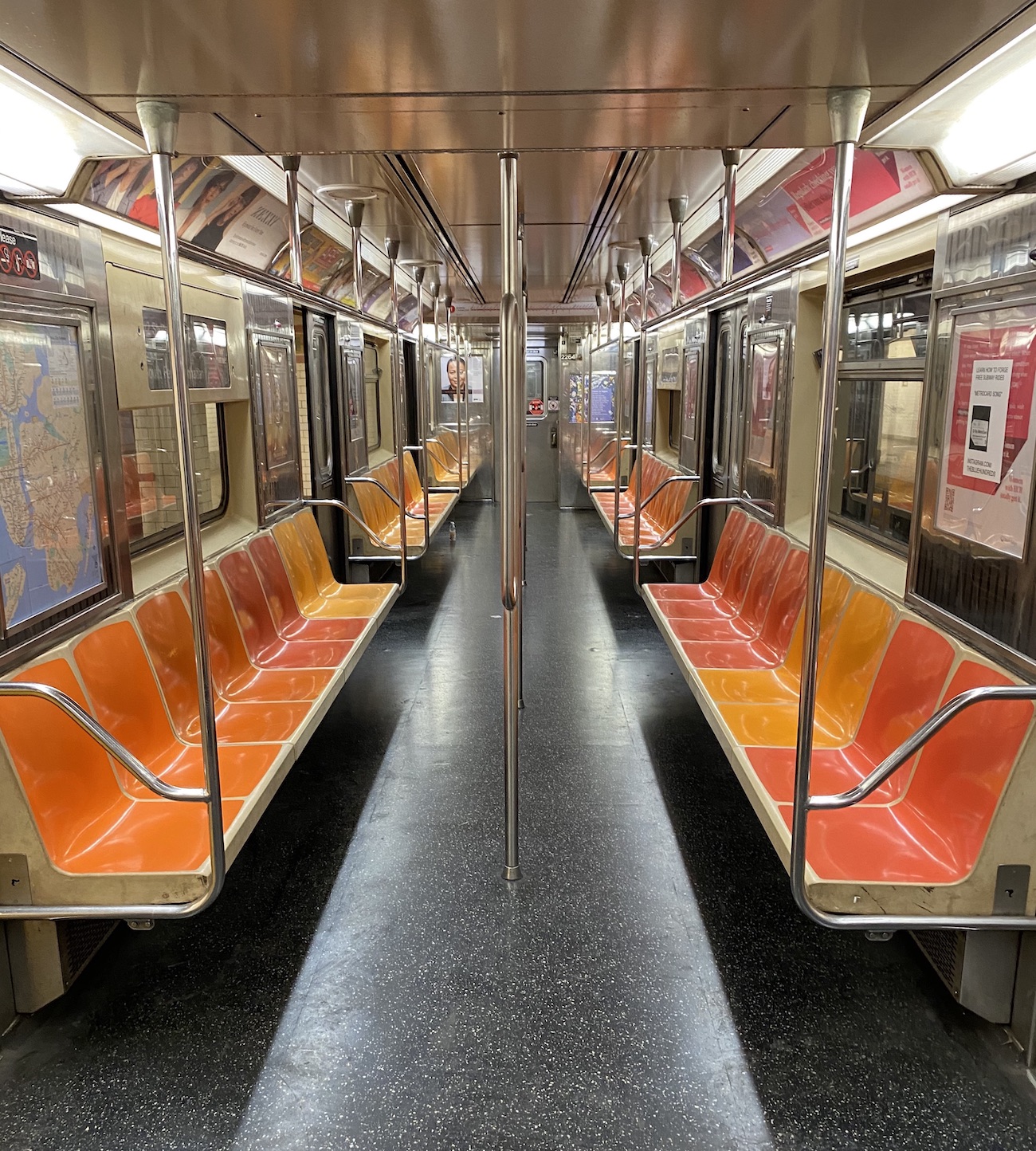 View of an empty New York City subway car.